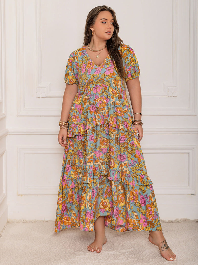 Plus Size Printed V-Neck Short Sleeve Maxi Dress