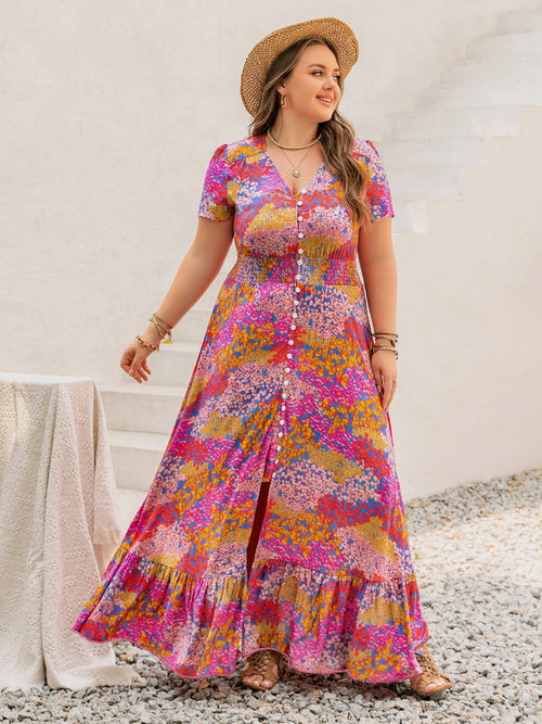 Plus Size Button Up Printed Short Sleeve Maxi Dress