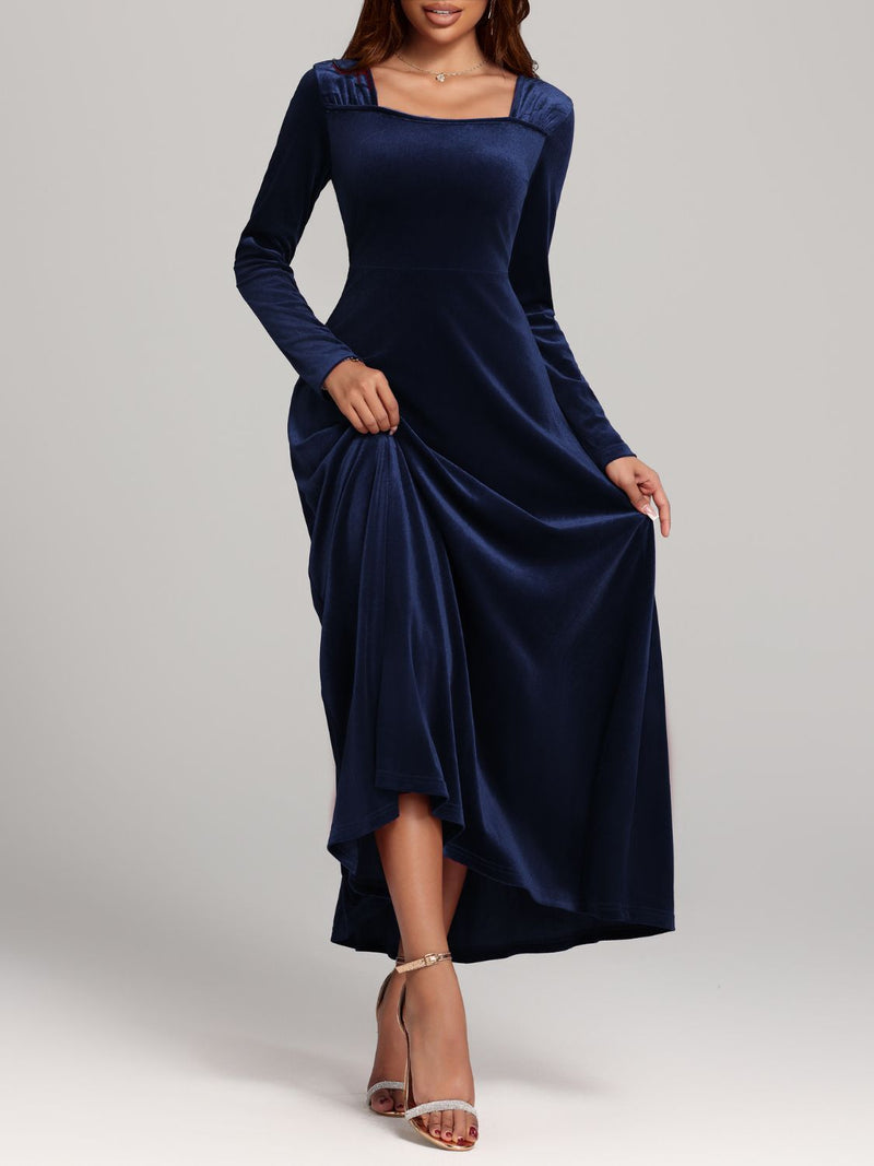 Square Neck Long Sleeve Velvet Dress