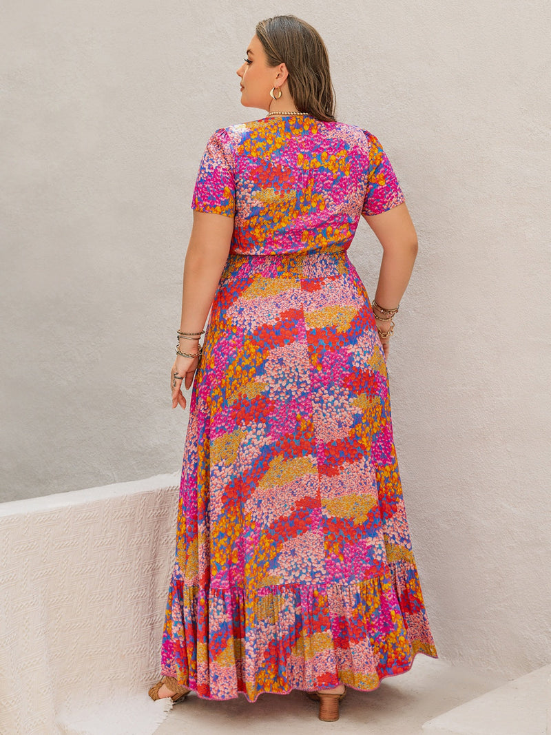 Plus Size Button Up Printed Short Sleeve Maxi Dress