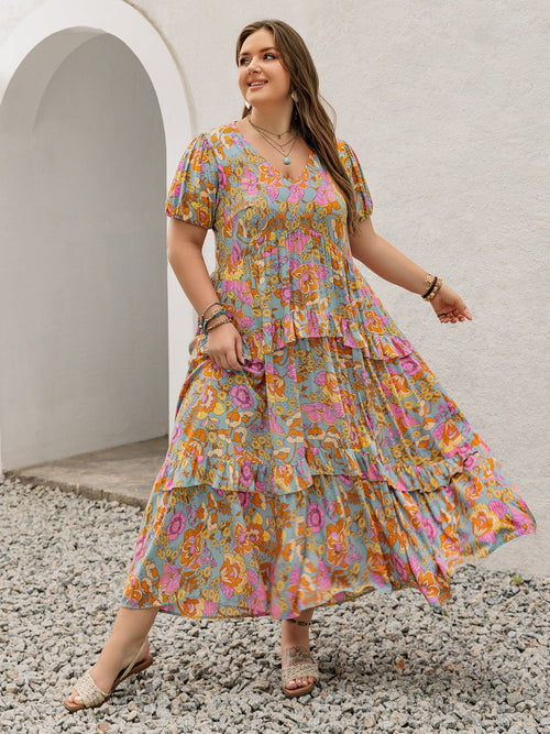 Plus Size Printed V-Neck Short Sleeve Maxi Dress