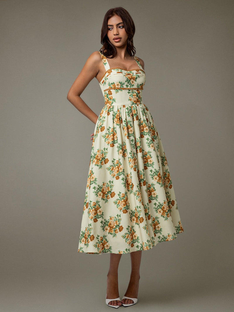 Lace Trim Floral Sleeveless Midi Dress