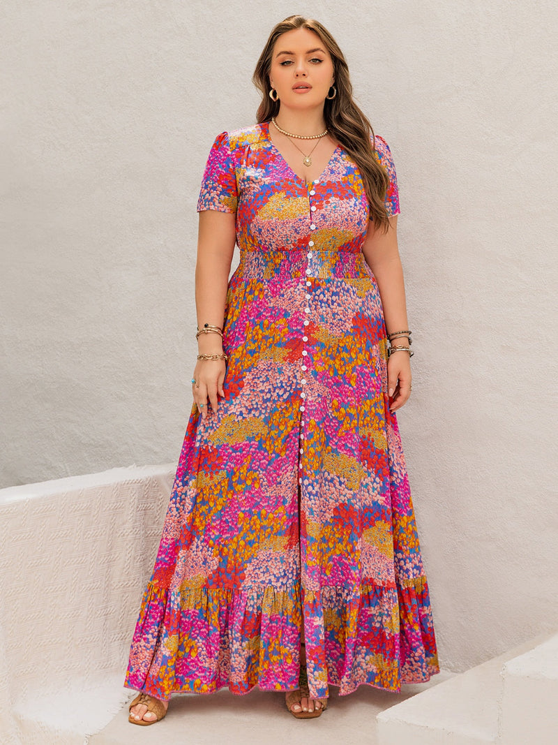 Plus Size Button Up Printed Short Sleeve Maxi Dress